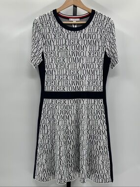 Tommy Hilfiger Black and White Logo-Print Short Mini Dress